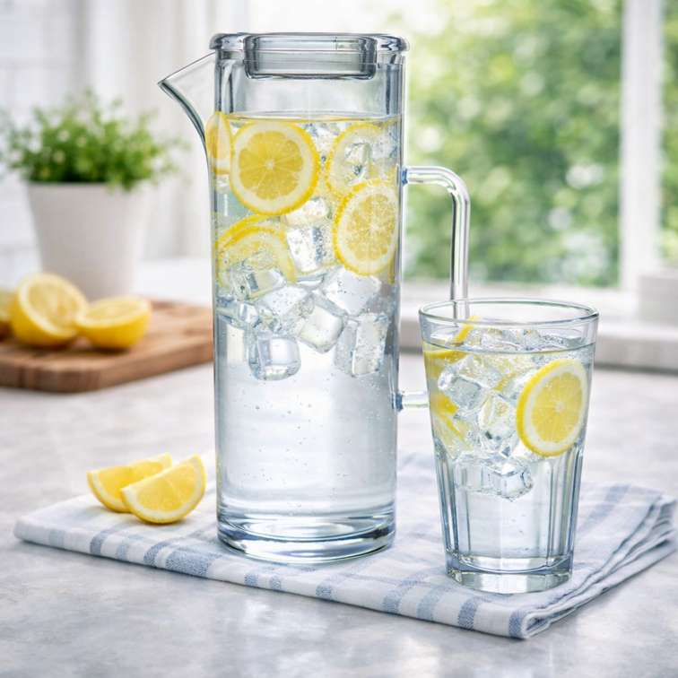 Glass Water Jug and Tumbler with Lemon and Ice – Refreshing Kitchen Drinkware