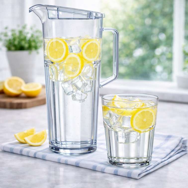 Clear plastic water jug and matching glass filled with ice water and lemon slices on a kitchen counter